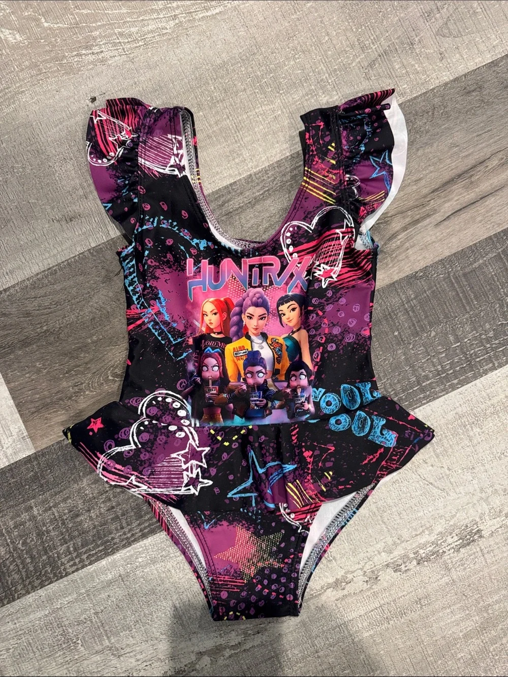 NWOT Huntrix Girls' Purple Graphic Ruffle One-Piece Swimsuit